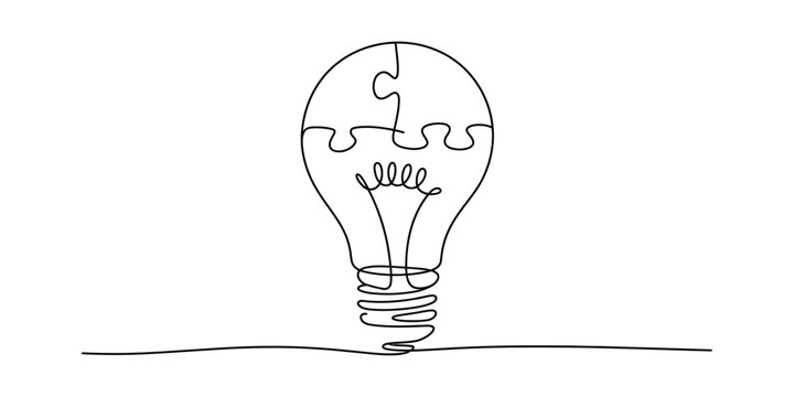 Continuous one line drawing of a light bulb made of puzzle pieces symbolizing a creative idea. Vector, illustration