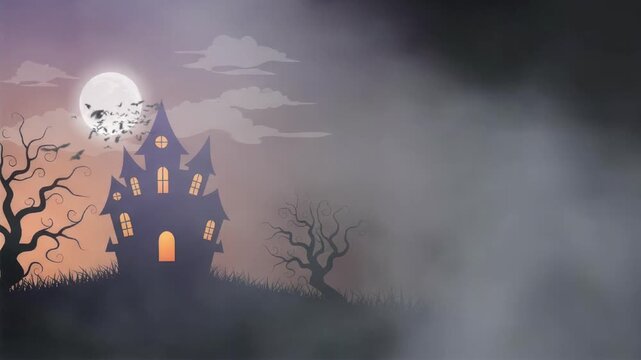 spooky halloween castle in the night with flying bat