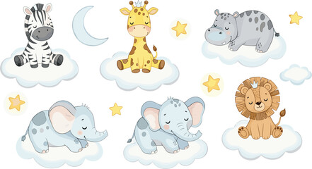 Cute Sleeping Safari Animal Set Featuring Zebra, Giraffe, Hippo, Elephant, and Lion Resting on Clouds with Moon and Stars for Nursery Decor and Bedtime Story Illustrations © Rumi