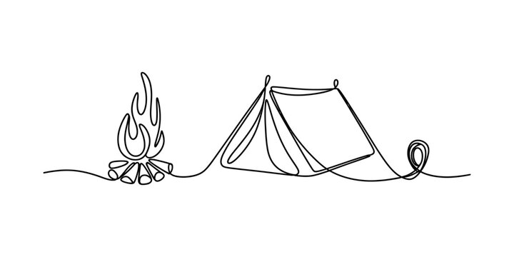 Minimalist one line art illustration of a cozy campsite with a campfire and a tent Vector, illustration