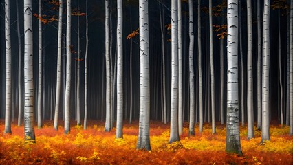 Obraz premium Birch forest with white trunks and vibrant orange autumn foliage on ground, serene woodland path, natural fall landscape