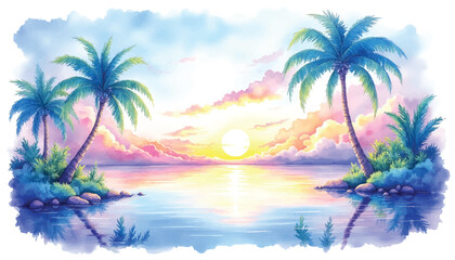 Obraz premium Tropical island landscape with palm trees at sunset.