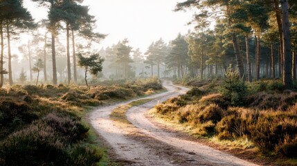 Obraz premium A winding dirt road through a sunlit forest.