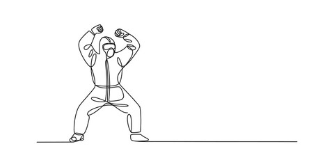 Continuous line drawing of a person in a protective hazmat suit celebrating with raised arms. Vector, illustration © Badhon_Designer