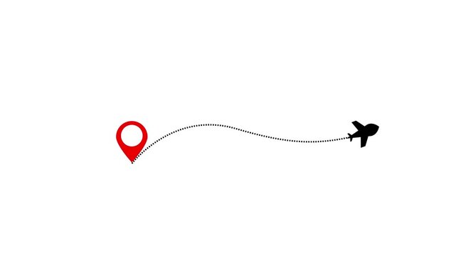 Minimal travel concept icon with red map pin, dotted flight path and black airplane silhouette on white background, copy space for tourism or navigation design.
