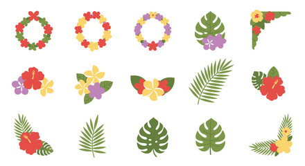 Collection of tropical floral and leaf elements, including leis, bouquets, and corner decorations, in a flat design style.