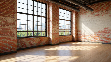 Corner loft with dual brick walls, large windows, and sun-drenched wooden floor
