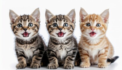Three adorable kittens sticking out their tongues on white background