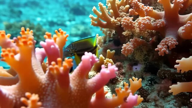 Coral reef ecosystem featuring vibrant soft corals and dartfish swimming among the reef structures in clear water