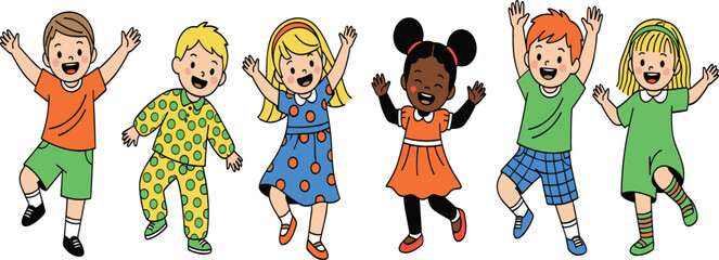 Fototapeta premium Happy Jumping Kids Cartoon Characters Illustration Featuring Diverse Children Group Playing Together Flat Colorful Vector Design