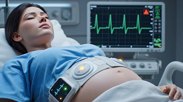 Realistic CGI video of a pregnant woman in a hospital bed monitored by medical equipment displaying vital signs and