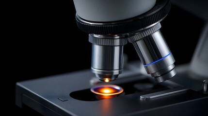Close up of a scientific microscope illuminating a sample on its stage against a dark background