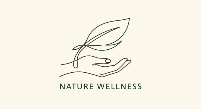 A hand cradling a leaf, symbolizing nature wellness and harmony between human and environment, illustrated in minimalist style.