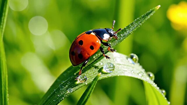 Scarlet Ladybug Navigates Dewy Grass Blade