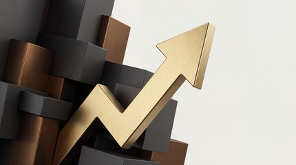 Golden arrow ascends on 3d block graph, symbolizing growth on neutral background
