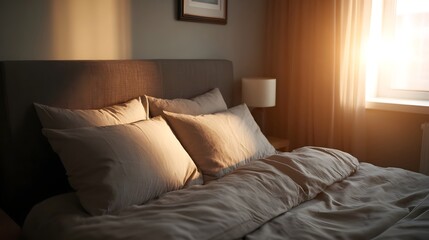 Obraz premium Cozy bedroom interior bathed in warm golden hour sunlight highlighting soft pillows and a neatly made bed