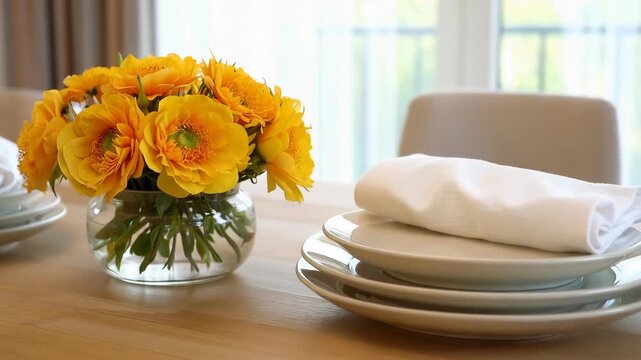 Dining table setup with yellow flowers and white plates for elegant occasions or family gatherings