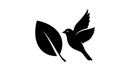Obraz premium Black Silhouette Hummingbird Flying Near Leaf.