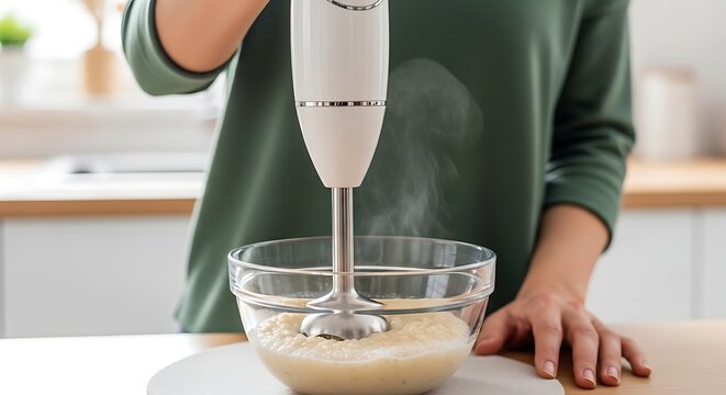 A woman uses an immersion blender to mix ingredients in a glass bowl on a kitchen counter during meal preparation.