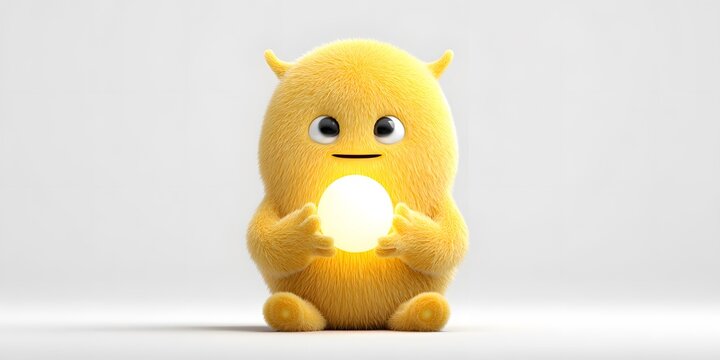 Cute yellow fluffy character holding glowing orb in bright space