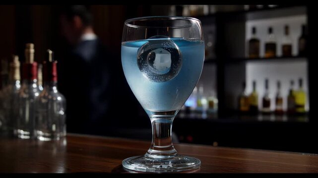 Elegant blue cocktail with round ice cube on bar counter displaying bartending craft and nightlife ambiance