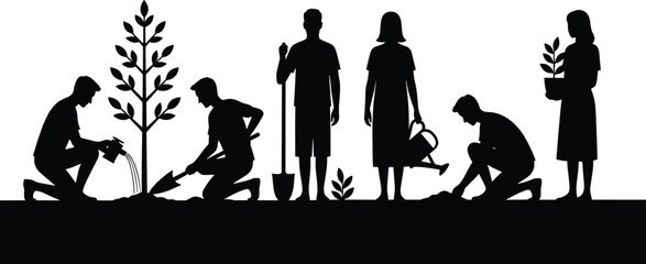 Black silhouettes of people planting and watering trees gardening © Ambia Art