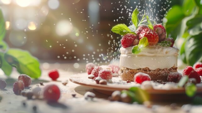 cheesecake with berries and mint