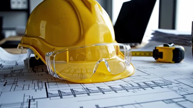 Architect workspace with construction blueprints yellow hard hat safety goggles and measuring tape