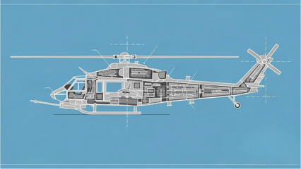 Detailed helicopter vehicle autocad blueprint design on a blue background from a side viewpoint showcasing technical illustrations © Stock Image Paradise