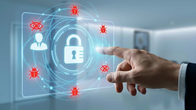Digital cybersecurity awareness highlights personal data protection privacy security technology against spyware attack with virtual lock interface safeguarding sensitive information through advanced