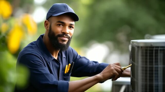 Faceless young black man repairman checking outside air conditioner unit heavily defocused background anonymous technician with HVAC maintenance residential cooling system