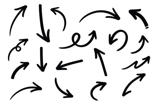 A collection of hand drawn black arrows pointing in various directions on a white background
