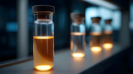 Glass vials containing glowing amber liquid in a scientific laboratory setting