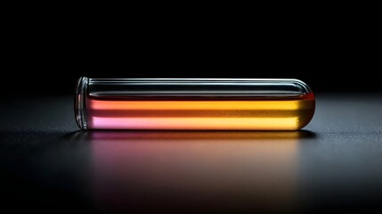 A horizontal glass test tube filled with a colorful gradient liquid on a dark reflective surface
