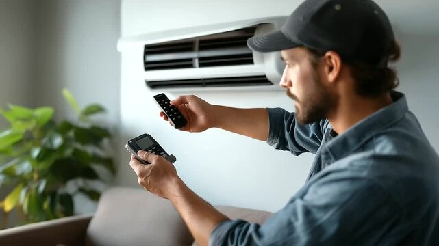 Faceless HVAC engineer installing heat recovery ventilation system heavily defocused new house background anonymous technician with climate control setup residential mechanical