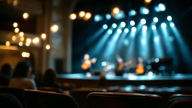 Concert stream in hall without spectators heavily defocused stage background empty venue setup virtual performance environment online entertainment atmosphere live streaming