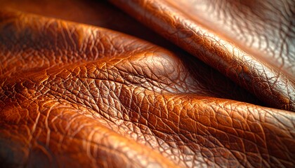 Close-up of rich, textured, brown leather, showing folds, creases, and natural grain. Warm lighting highlights its detailed surface