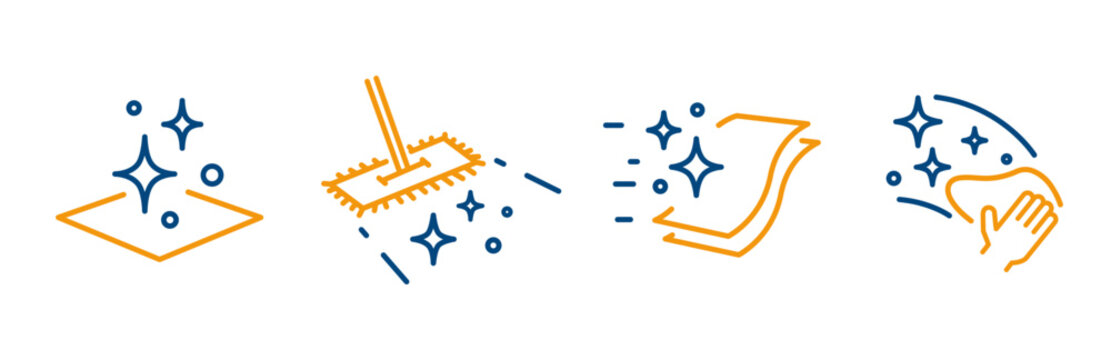 Cleaning icons, set icon of clean surface, wet cleaning, hand wiping, cloth for easy polish, mop with shiny floor, line vector with editable stroke