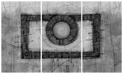 Modern interior triptych. The picture is painted by hand on a tablet. © neurostructure