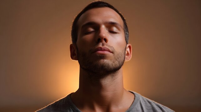 Close up of a man with eyes closed meditating in warm atmospheric light conveying peace and introspection
