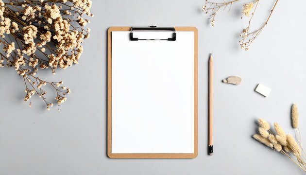 Minimalist flat lay of a blank clipboard with dried flowers and pencil on a grey background.