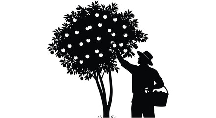 A farmer reaches for apples in a full tree depicted in a striking black silhouette high quality professional detailed modern elegant © CreativeAlim02