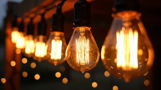 Warm vintage string lights glowing outdoors at night