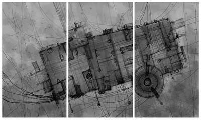 Modern interior triptych. The picture is painted by hand on a tablet. © neurostructure