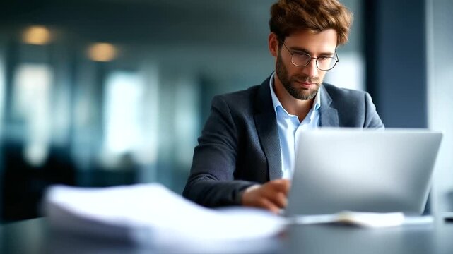 Faceless IT consultant setting up virtual document management system heavily defocused office background anonymous professional with laptop computer working from home software