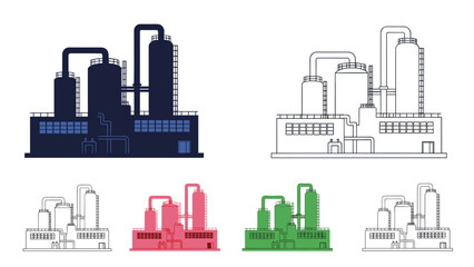 Obraz premium Industrial landscape showing different versions of a large chemical plant or oil refinery with storage tanks and tall pipes.