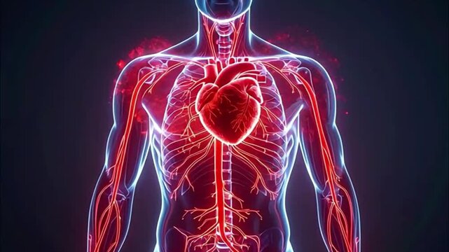 Close Up Human Heart and Blood Vessels Inside Transparent Chest &ndash; Medical Animation