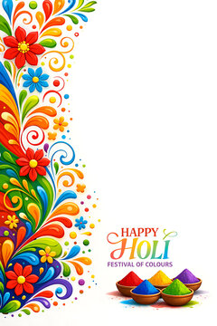 White vertical background with colorful floral swirl patterns and clay bowls of powder celebrating the happy holi spring festival after the night of holika dahan