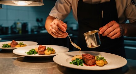 Detailed View of Chef Adding Sauce to a Gourmet Main Course for Service