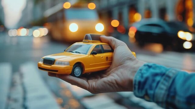 A miniature model of a yellow taxi rests in the palm of your hand, symbolising urban mobility and the dynamism of the metropolis. Ideal for advertising campaigns where an urban backdrop will create an